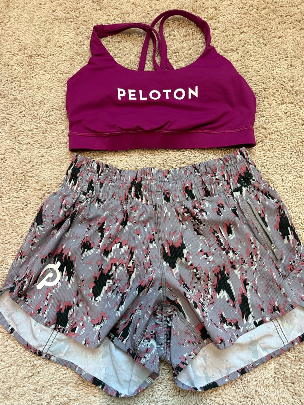 Lululemon Peloton Magenta Sports Bra with Gray-Pink Printed Running Short Bundle
